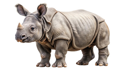 Fototapeta premium Baby rhinoceros calf standing, a young rhino on clean backdrop
