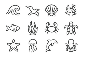 Fototapeta premium Ocean Elements Icons. Line style icons of ocean elements: cresting wave, seagull, shell, coral; fish, seaweed, crab, turtle;