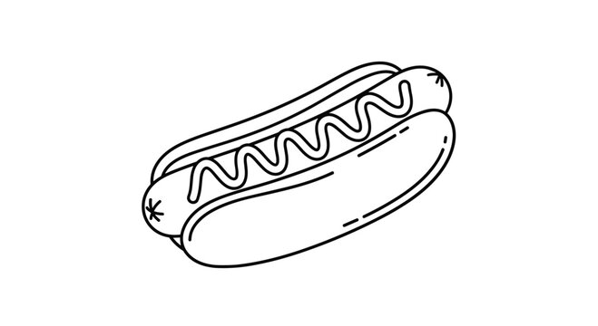 A simple black and white doodle illustration of a hot dog with mustard, perfect for casual designs and food-related graphics.