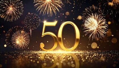 Golden '50' sparkles against a festive dark backdrop filled with dazzling firework bursts and glittering confetti