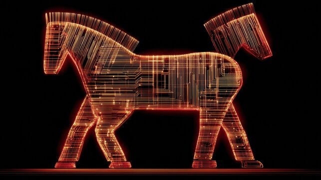 Symbol of a Trojan Horse Made From Glowing Circuit Lines Representing a Cyber Infection Theme in Tech-Art Style