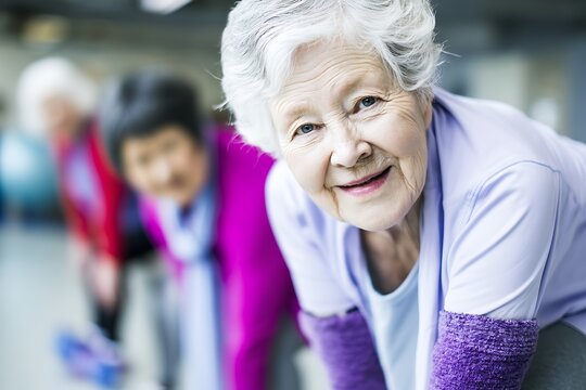 Elderly Woman Exercising Outdoors with Group of Seniors in Bright Clothing in Sunny Park - Powered by Adobe