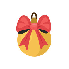 Golden Christmas Bauble with Red Bow Decoration. Elegant Metallic Gold Ornament. Shimmering Golden Bauble Ornament