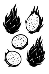 Monochromatic Dragon Fruit Vector Art: Sleek, minimalist black and white illustration of pitaya. Halved fruits reveal intricate seed patterns; stylized whole silhouettes on dark background.