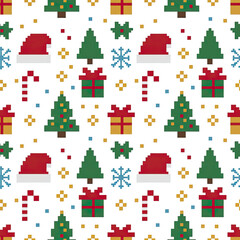 A festive pattern christmas icons seamless design holiday motif pixel art gift box santa hat christmas tree candy cane snowflake sparkle joyful vibe and playful holiday cheer for wrapping and decor