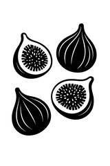 Minimalist dark fig illustrations with white seeds on a shadowy black background, showcasing both whole fruits and intricate cross-sections. Elegant, modern digital art perfect for culinary, health