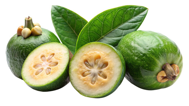 Fresh feijoa fruit, whole and sliced, with its green leaves.