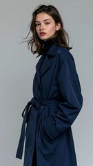 a brunette woman wearing a dark blue trench coat on a light grey background, fashion photography, fall winter collection