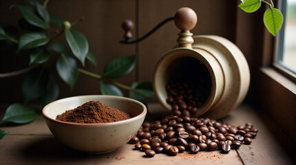 an unglazed pottery bowl filled with parchment coffee beans next to a brass manual coffee grinder, with coffee grounds spilling out from the grinder's exit.