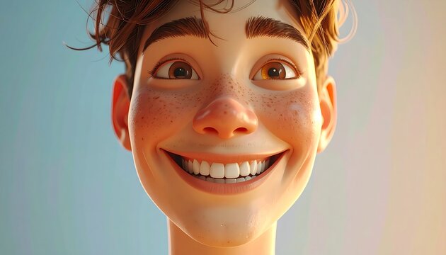 Cartoonish young man with brown hair, freckles, and a large, toothy smile set against a light blue background