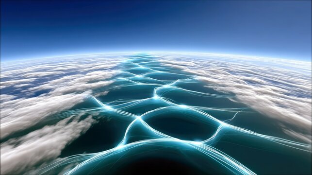 An abstract digital art piece depicting glowing blue light trails forming a network over a sea of clouds, with a clear blue sky and the curved horizon of Earth