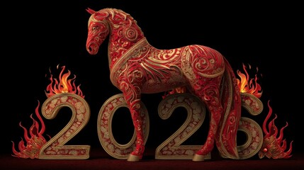 Ornate Red Horse Sculpture with 2026 Year in Fiery Background