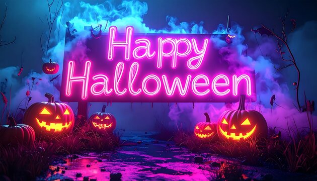 Spooky Halloween display featuring glowing pumpkins, a neon sign, and eerie lighting in a field at night