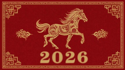 Elegant Gold Horse Design with Red Background for Lunar New Year 2026