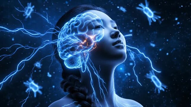 Woman brain shows neurons firing with lightning and neural activity. Female head displays brain with electric synapses. Woman profile reveals brain neurons. Medical visualization shows brain signals.