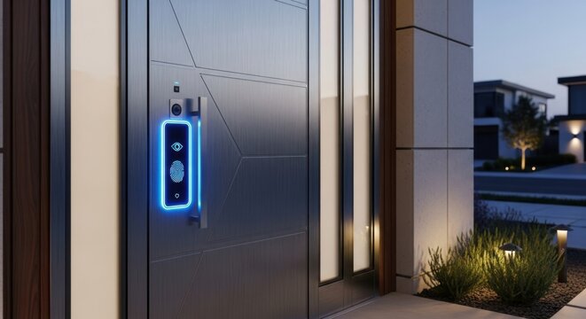 Modern smart home entry door with biometric scanner and camera system - Powered by Adobe