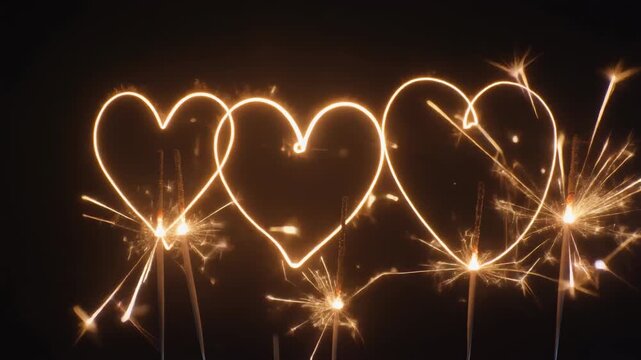 Three glowing heart shapes drawn with sparklers on a dark background Keywords: sparklers, heart, love, romance, celebration, holiday