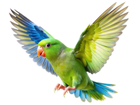 Vibrant green parrot flying with wings spread, tropical bird