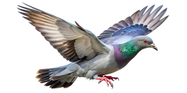 Close-up of a rock pigeon in flight with outstretched wings