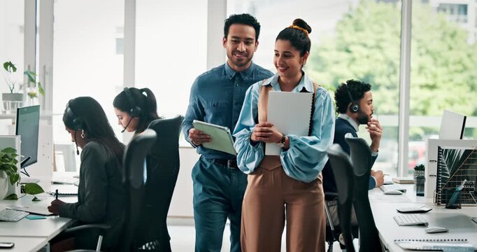Call center, man and woman with paperwork, happy and planning for lead generation and collaboration. Talking, friends and consultants with tablet for sales, telemarketing and coworking in office
