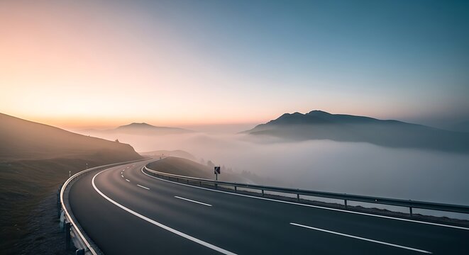 A scenic mountain road winding above a sea of clouds during a beautiful sunrise or sunset. - Powered by Adobe