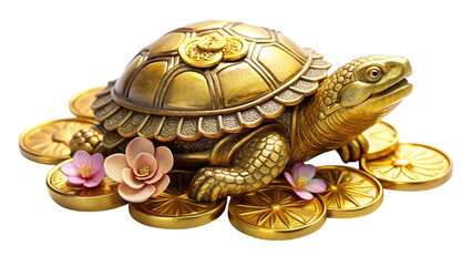 Golden fortune turtle, coins and flowers, prosperity symbol
