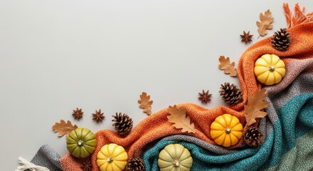 Cozy autumn vibes with pumpkins, pine cones, and warm blanket accents