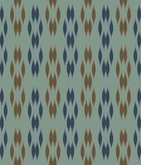 Traditional ikat mixed with modern style in teardrop shapes on  dark blue and brown seamless pattern background.