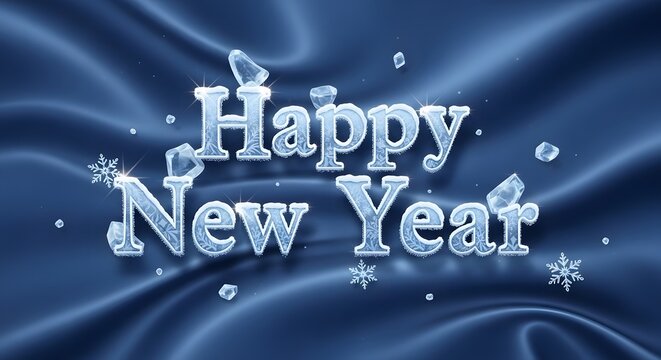 Happy new year wishes on a blue silk background with snowflakes design