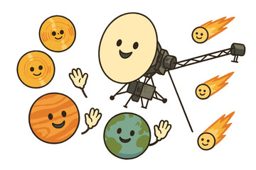 Voyager's Cosmic Farewell. Voyager spacecraft flying with smiling golden records, planets waving goodbye, and comets guiding the