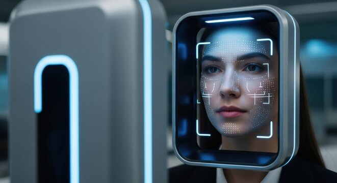 Young woman using facial recognition technology for security access control