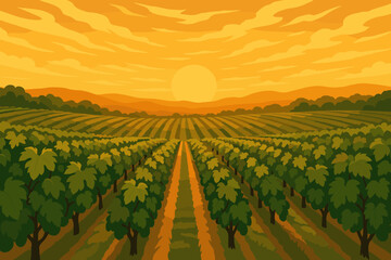 Obraz premium Golden Vineyard Sunset. Expansive vineyard under a vibrant golden sunset, with rows of lush grapevines vector illustration