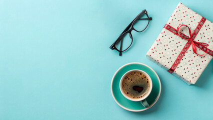 Father's Day concept. Top view of giftbox cup of coffee and glasses on isolated pastel blue background with copyspace