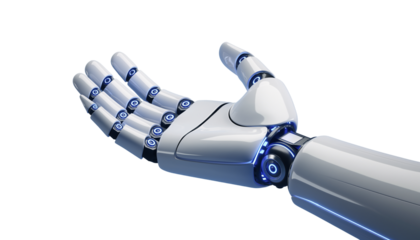 Futuristic Robotic Arm with Glowing Blue Lights isolated on solid white background1