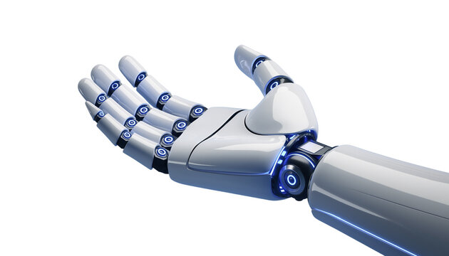 Futuristic Robotic Arm with Glowing Blue Lights isolated on solid white background1