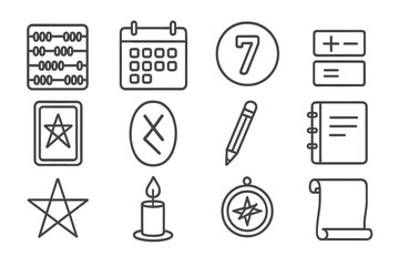 Numerology Tools Line Icons. Line style icons of Numerological Tools: Abacus, Calendar, Mystic Number, Calculation; Tarot Card,