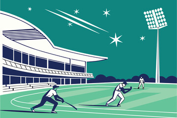 Stylized graphic illustration of cricket players at stadium with floodlights sport