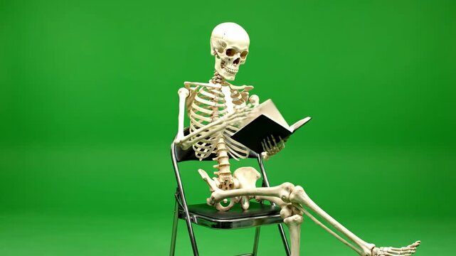 Skeleton reading a book in a chair against a transparent green backdrop, conceptual image
