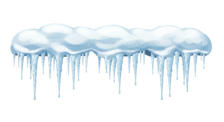 stylized digital painting of a soft snowdrift border with sharp, translucent melting icicles and water drips, rendered in white and cerulean blue against a pure background, concept of winter