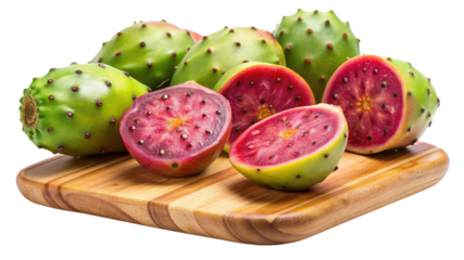 Fresh green and red prickly pear fruits, whole and sliced