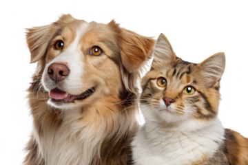 A close-up portrait of a friendly dog and cat sitting side by side, both looking directly at the camera with warm, curious expressions. Their fur textures are clearly visible, creating a soft and invi