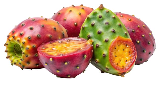 Vibrant prickly pear fruits, one halved, showing juicy pulp