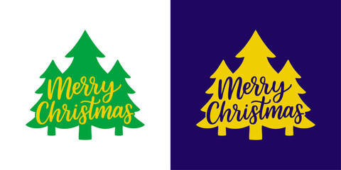 Logo con mensaje Merry Christmas en caligrafía en silueta de grupo de árboles de navidad para tarjetas y felicitaciones 