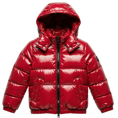 A high-loft children's cherry red glossy nylon puffer jacket with matte black zippers, isolated on a transparent background, showcasing macro fabric details. Concept for luxury apparel e-commerce