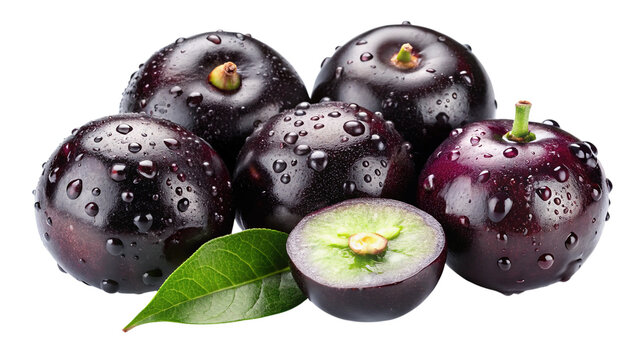 Whole and sliced jaboticaba fruits with water droplets, leaf