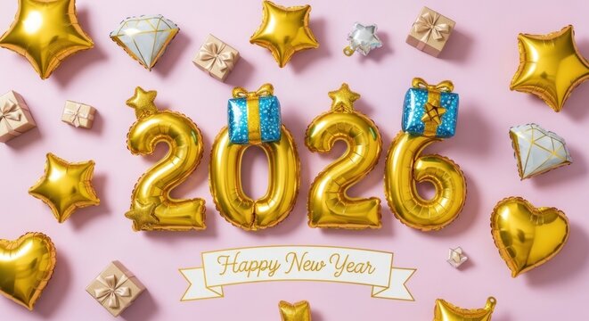 New year 2026 celebration with balloons gifts and decorations on pink background - Powered by Adobe