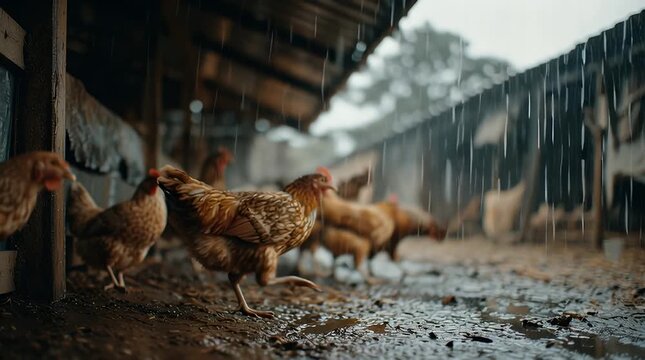 Rainy Day on a Farm with Chickens Near a Shelter in Natural Setting