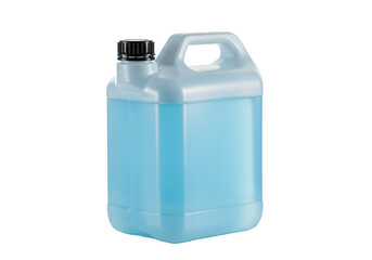 hyper-photorealistic studio shot of a white 5l hdpe plastic jerry can with a black cap and luminous cerulean blue industrial liquid, isolated on reflective white, professional industrial chemical