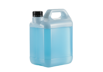 hyper-photorealistic studio shot of a white 5l hdpe plastic jerry can with a black cap and luminous cerulean blue industrial liquid, isolated on reflective white, professional industrial chemical