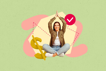 Trend magazine collage of person sit meditate with dollar sign check mark on green background